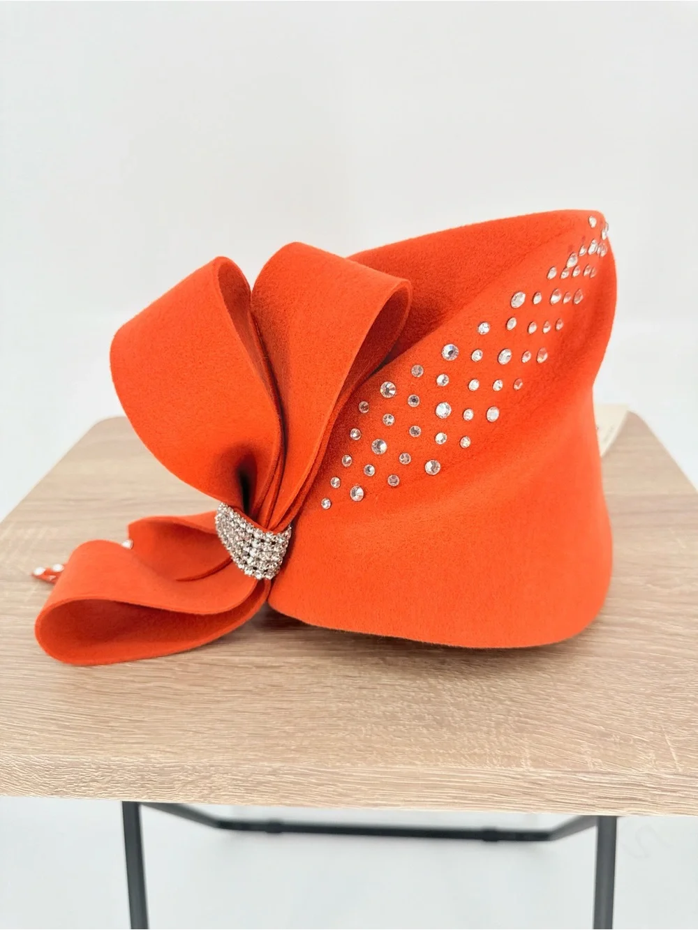 Vintage Tim Crawford Wool Cloche Hat Burnt Orange Rhinestone Bow Opening Day US